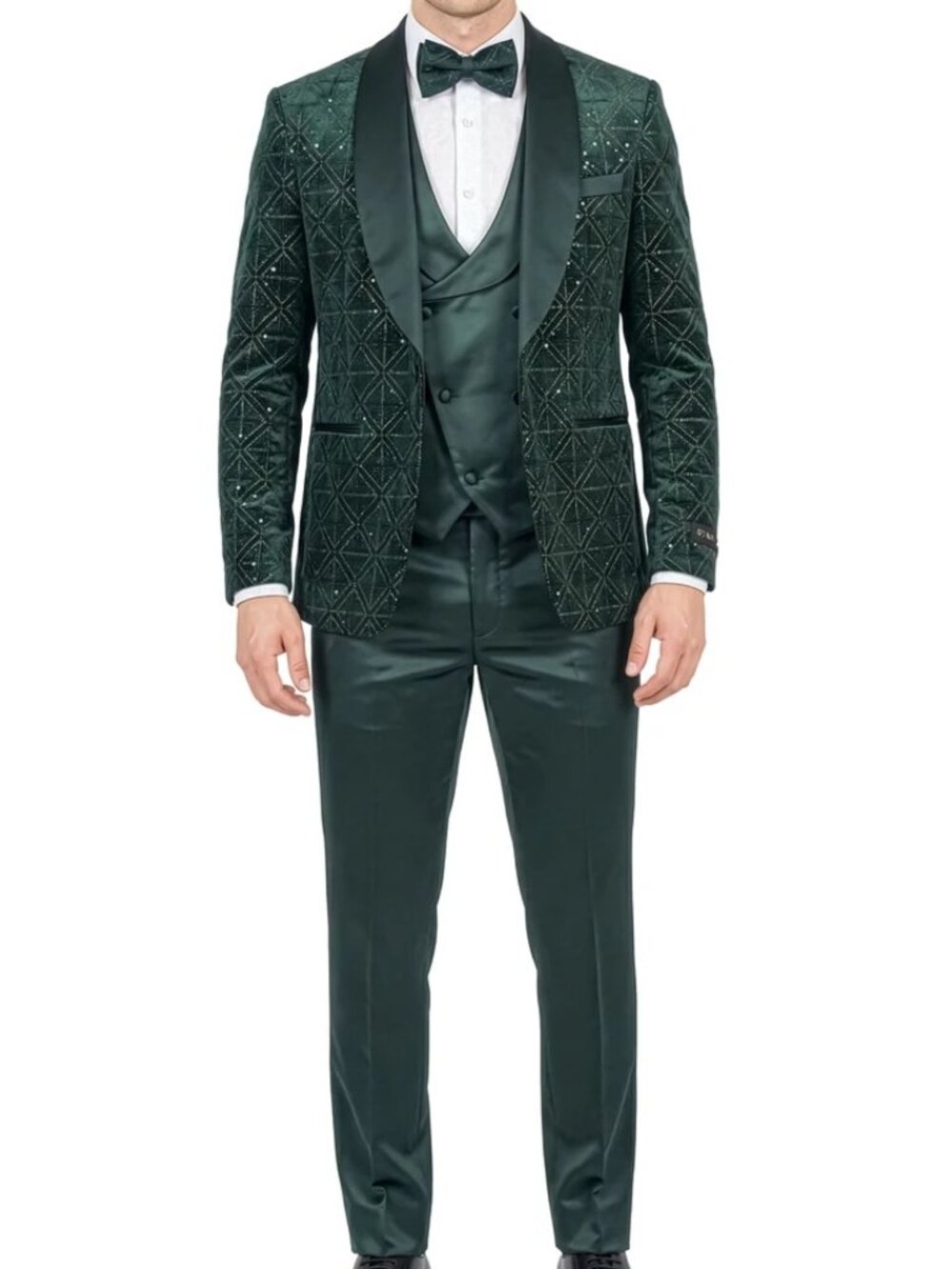 Green Velvet Sequin Satin Shawl Lapel 3 Piece Skinny Fit Men's Fashion Suit